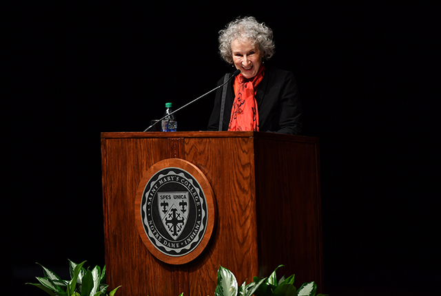 Margaret Atwood at the podium