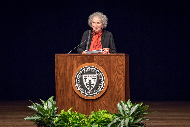 Margaret Atwood at the podium in O'Laughlin