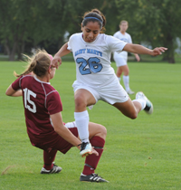 Abby Garcia is fouled during a challenge in the second half.