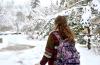 Student walking on winter campus photo